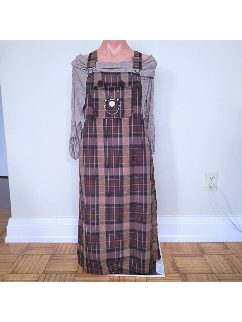 Disney Winnie the Pooh Embroidered Plaid Maxi Overall Skirt (S)